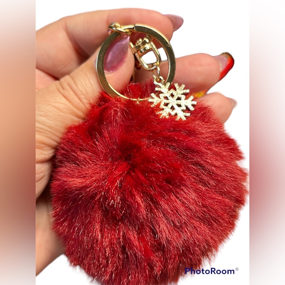🖤furry purse bling key chain with RED FUR and gold accent